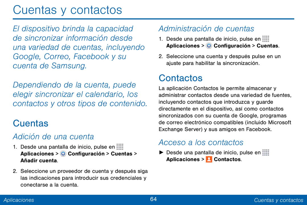 Samsung GH68-42147A manual Cuentas y contactos, Contactos, Adición de una cuenta, Acceso a los contactos 