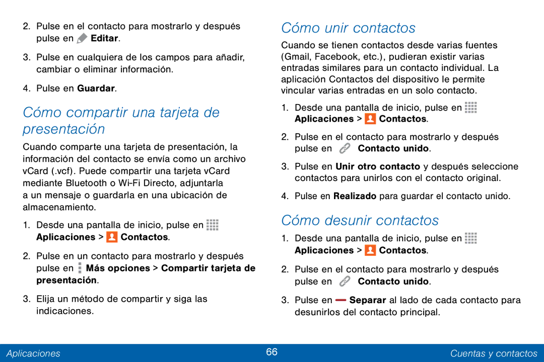 Samsung GH68-42147A manual Cómo compartir una tarjeta de presentación, Cómo unir contactos, Cómo desunir contactos 