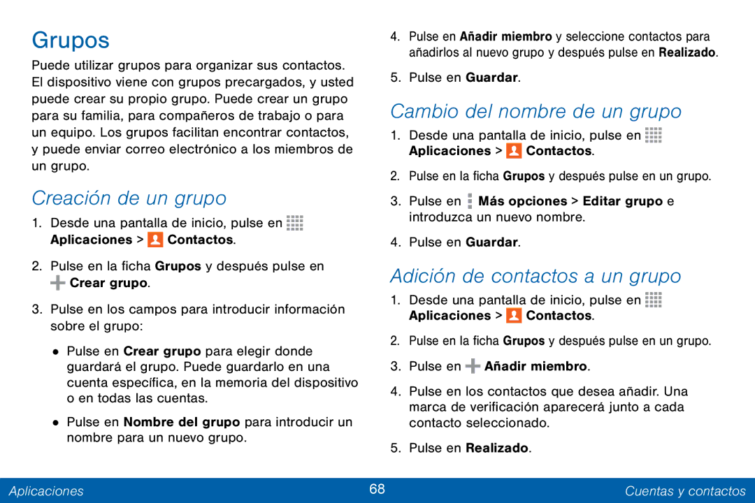 Samsung GH68-42147A manual Grupos, Cambio del nombre de un grupo, Creación de un grupo, Adición de contactos a un grupo 