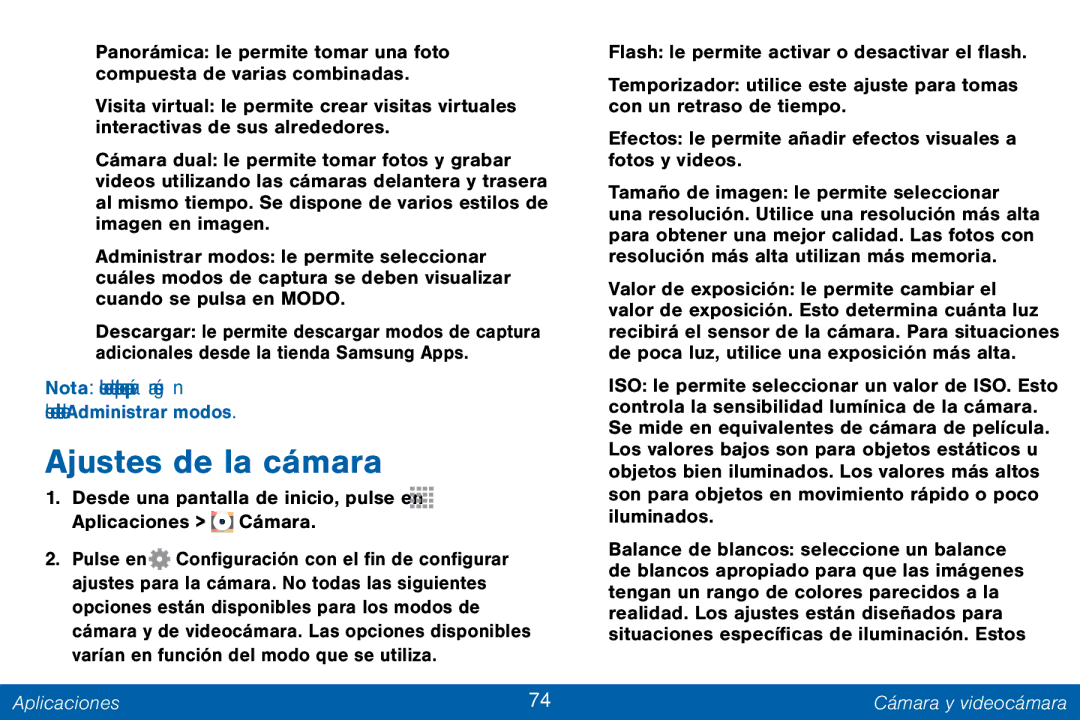 Samsung GH68-42147A manual Ajustes de la cámara, Los modos seleccionados en Administrar modos 