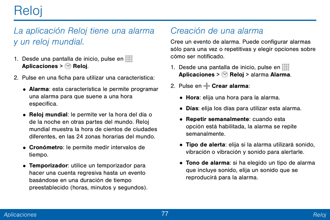 Samsung GH68-42147A manual La aplicación Reloj tiene una alarma y un reloj mundial, Creación de una alarma 