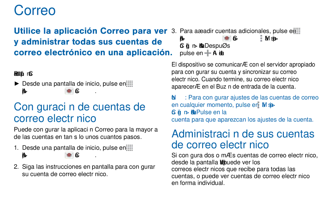 Samsung GH68-42147A manual Configuración de cuentas de correo electrónico, Aplicaciones Correo 