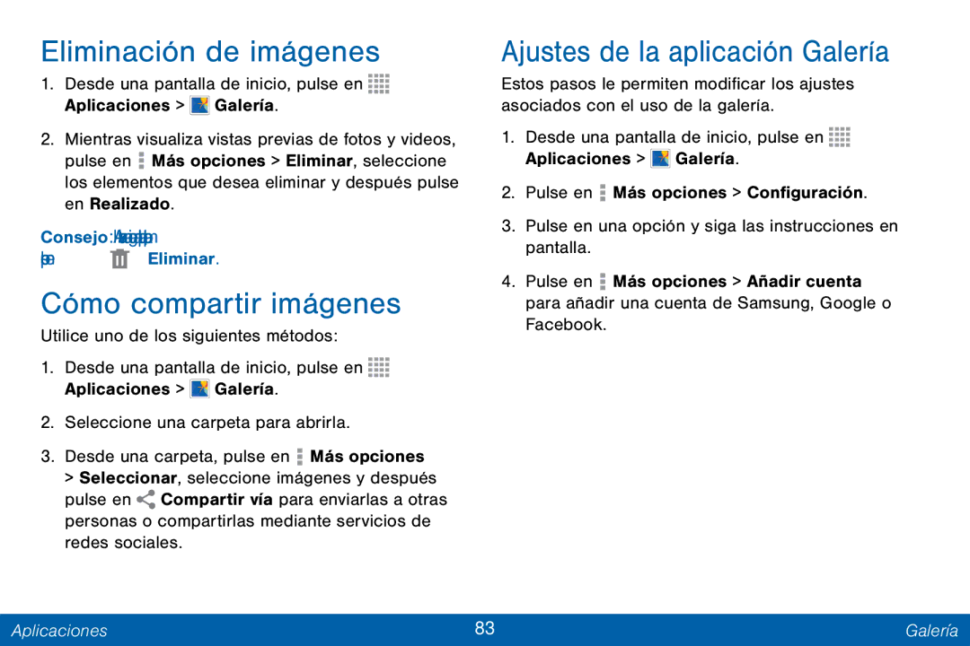 Samsung GH68-42147A manual Eliminación de imágenes, Cómo compartir imágenes, Ajustes de la aplicación Galería 