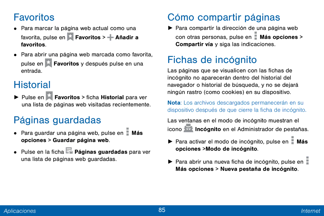 Samsung GH68-42147A manual Historial, Páginas guardadas, Cómo compartir páginas, Fichas de incógnito 