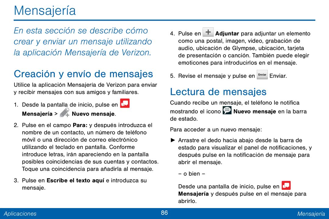 Samsung GH68-42147A manual Creación y envío de mensajes, Lectura de mensajes, Aplicaciones Mensajería 