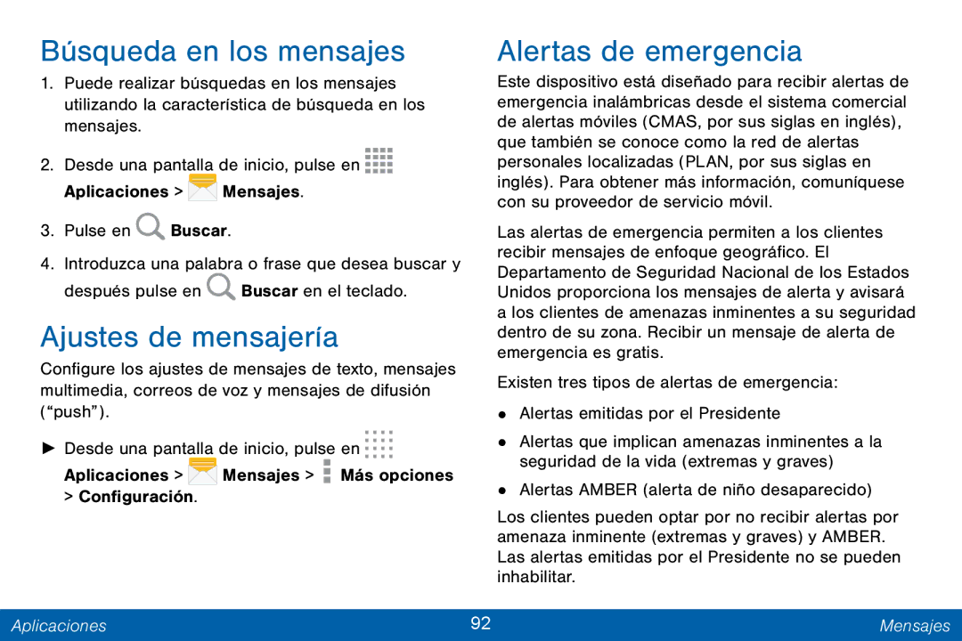 Samsung GH68-42147A manual Búsqueda en los mensajes, Ajustes de mensajería, Alertas de emergencia 