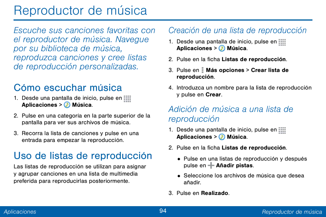 Samsung GH68-42147A manual Reproductor de música, Cómo escuchar música, Uso de listas de reproducción 