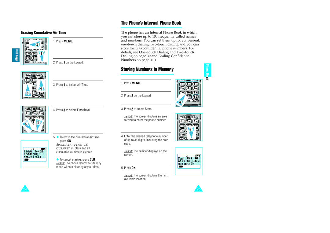 Samsung GH68-60614A owner manual Phone’s Internal Phone Book, Storing Numbers in Memory, Erasing Cumulative Air Time 