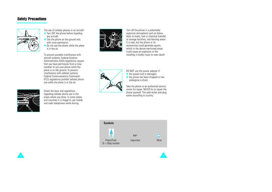 Samsung GH68-60614A owner manual Safety Precautions, Check the laws and regulations, Press/Push ① = Step number 