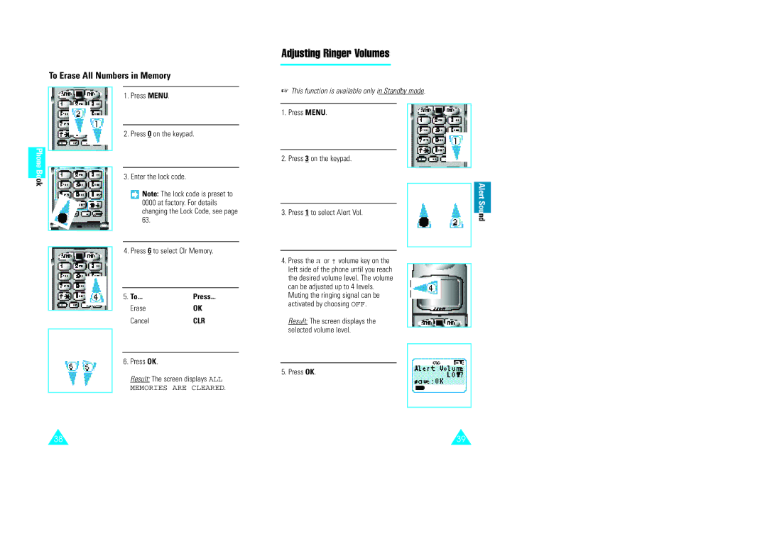 Samsung GH68-60614A owner manual Adjusting Ringer Volumes, To Erase All Numbers in Memory, To...Press 