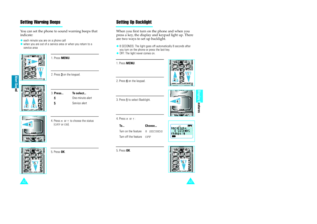 Samsung GH68-60614A owner manual Setting Warning Beeps, Setting Up Backlight, Choose, Press OK 