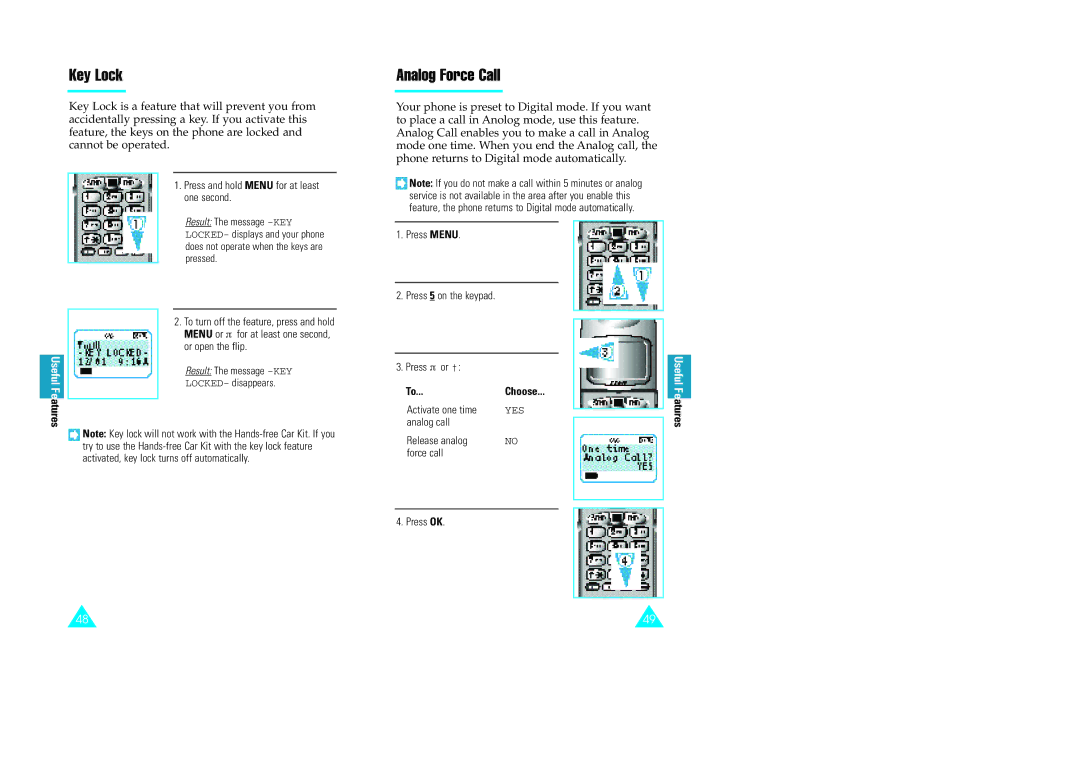 Samsung GH68-60614A owner manual Key Lock, Analog Force Call 