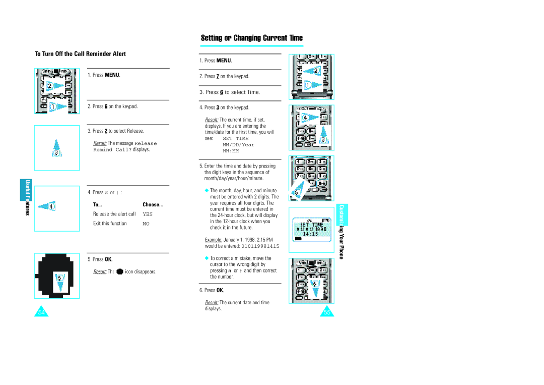 Samsung GH68-60614A owner manual Setting or Changing Current Time, To Turn Off the Call Reminder Alert 