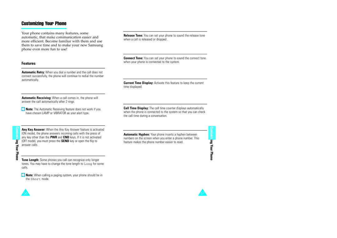 Samsung GH68-60614A owner manual Customizing Your Phone, Features, Answer calls, Calls, Short mode 