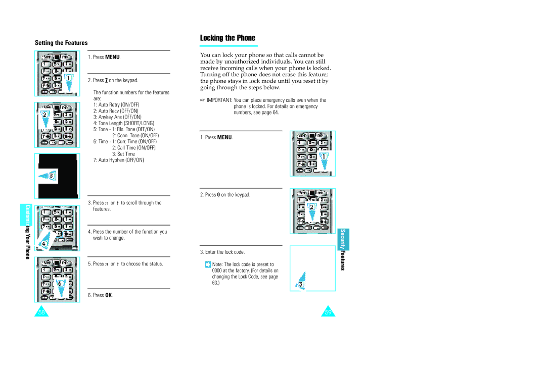 Samsung GH68-60614A owner manual Locking the Phone, Setting the Features 