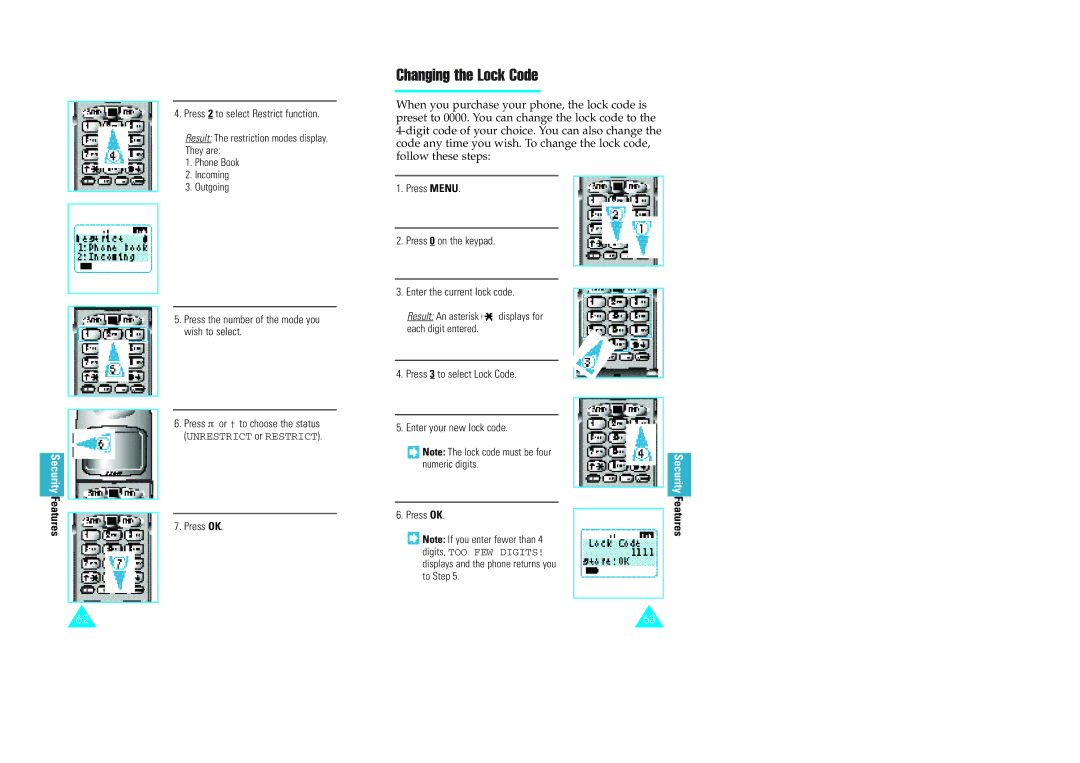 Samsung GH68-60614A owner manual Changing the Lock Code, Press Menu Press 0 on the keypad Enter the current lock code 