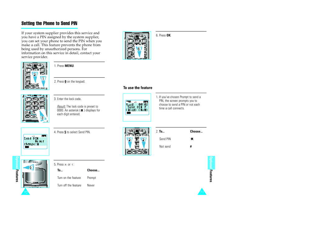 Samsung GH68-60614A owner manual Setting the Phone to Send PIN, To use the feature, Or †, To...Choose, Send PIN Not send 