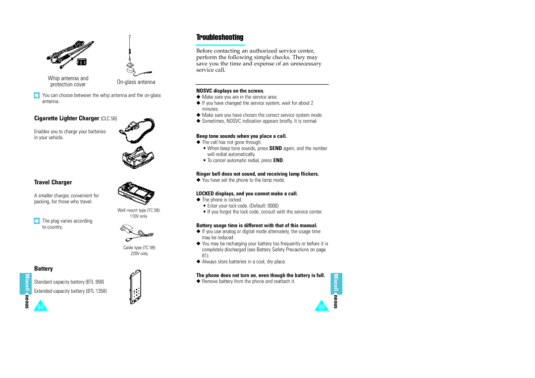 Samsung GH68-60614A owner manual Troubleshooting, Cigarette Lighter Charger CLC, Travel Charger, Battery 