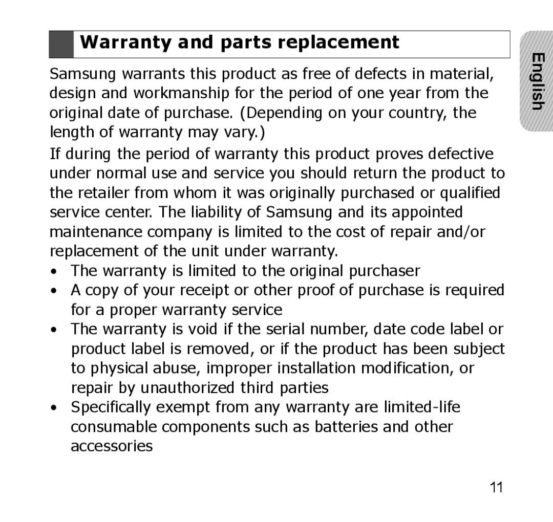 Samsung GH68-xxxxxA manual Warranty and parts replacement 