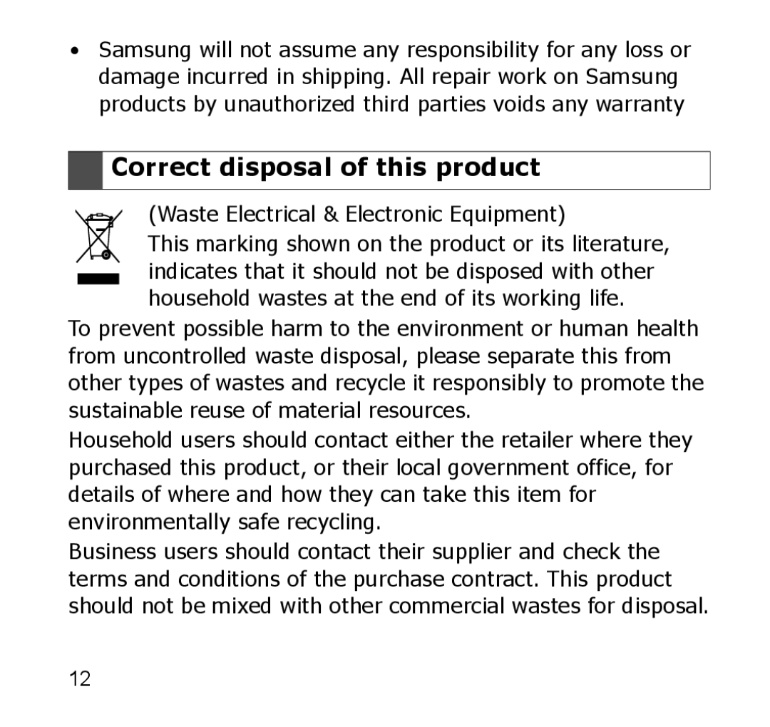 Samsung GH68-xxxxxA manual Correct disposal of this product, Waste Electrical & Electronic Equipment 