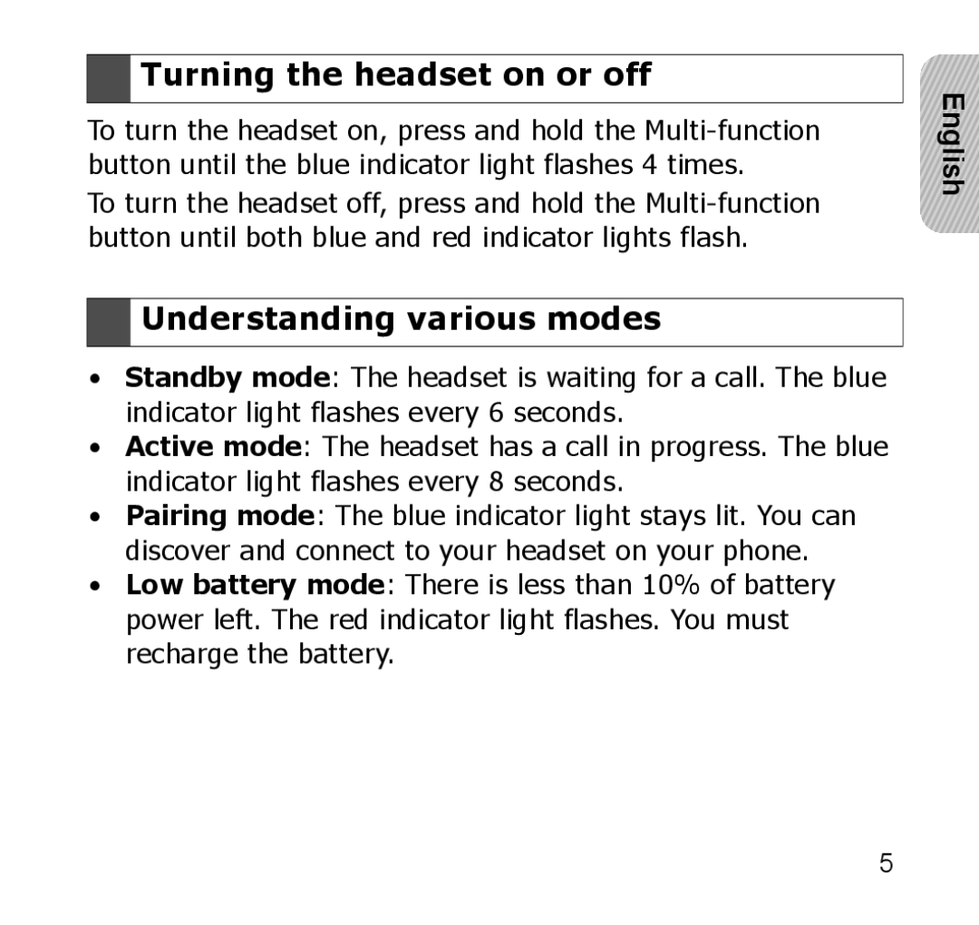 Samsung GH68-xxxxxA manual Turning the headset on or off, Understanding various modes 