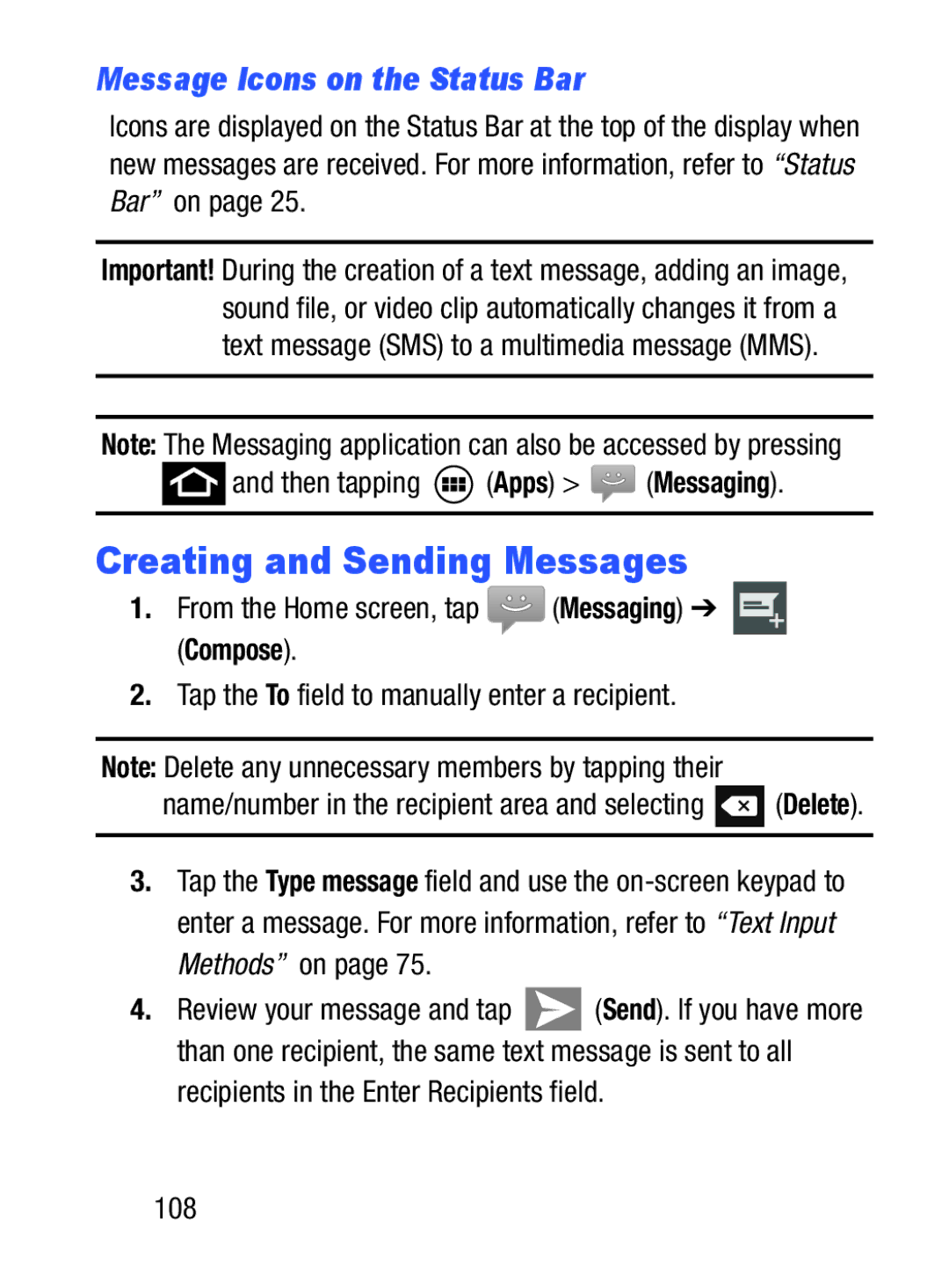 Samsung GH68_37222A user manual Creating and Sending Messages, Message Icons on the Status Bar, Then tapping Apps Messaging 