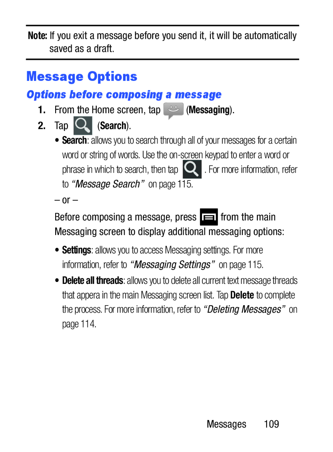 Samsung GH68_37222 Message Options, Options before composing a message, From the Home screen, tap Messaging Tap Search 