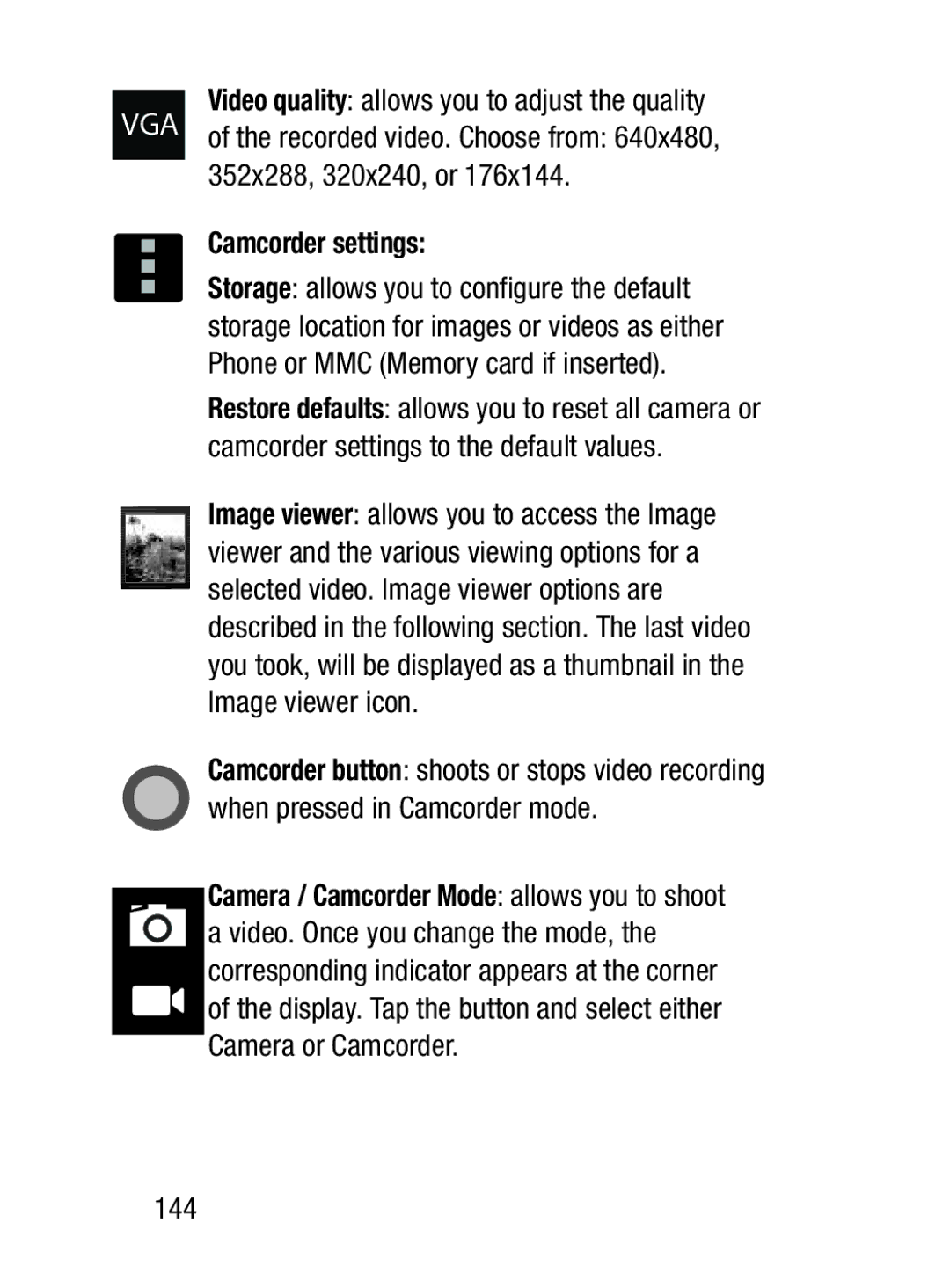 Samsung GH68_37222A user manual 352x288, 320x240, or, Camcorder settings, 144 