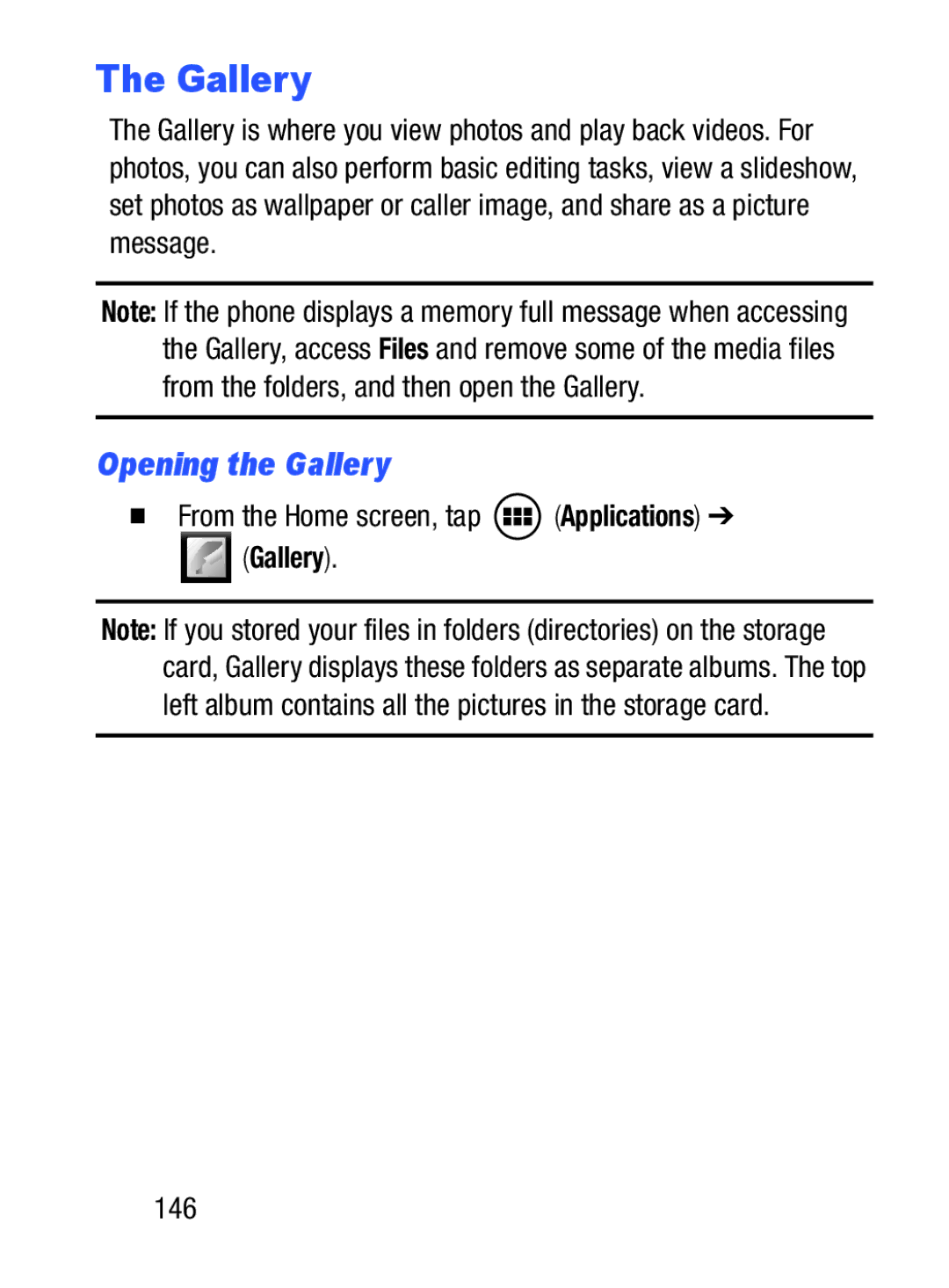 Samsung GH68_37222A user manual Opening the Gallery, 146 