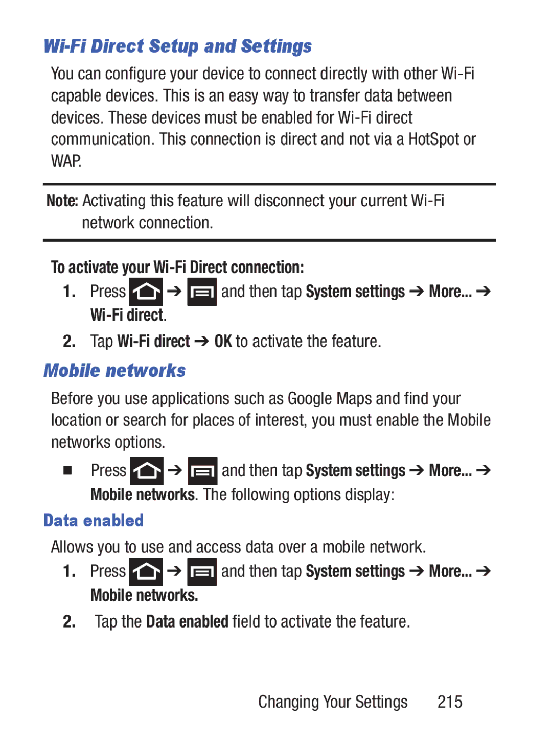 Samsung GH68_37222A Wi-Fi Direct Setup and Settings, Mobile networks, To activate your Wi-Fi Direct connection 