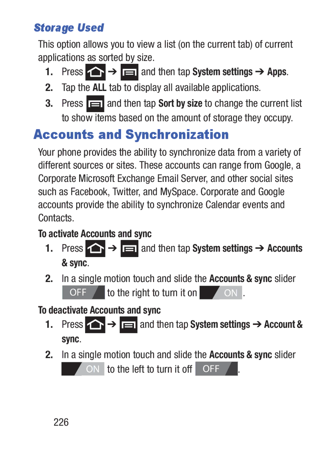 Samsung GH68_37222A user manual Accounts and Synchronization, Storage Used, To activate Accounts and sync 