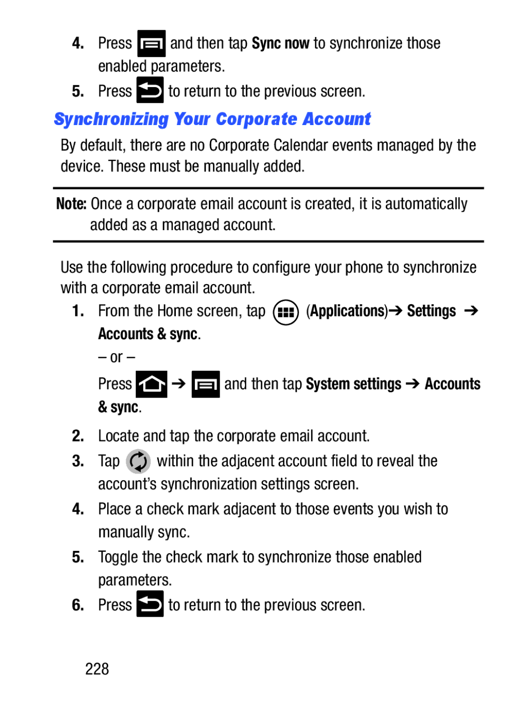 Samsung GH68_37222A user manual Synchronizing Your Corporate Account, Locate and tap the corporate email account 