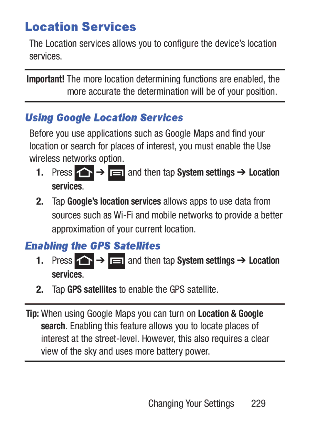 Samsung GH68_37222A user manual Using Google Location Services, Enabling the GPS Satellites, 229 