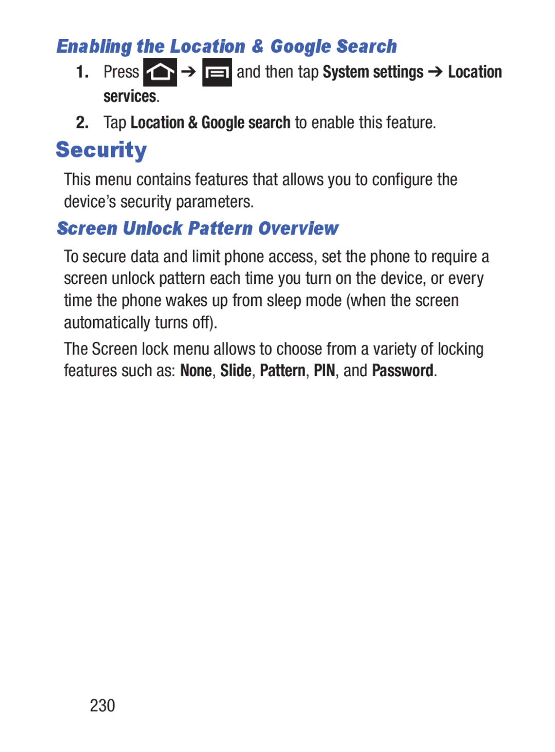 Samsung GH68_37222A user manual Security, Enabling the Location & Google Search, Screen Unlock Pattern Overview, 230 