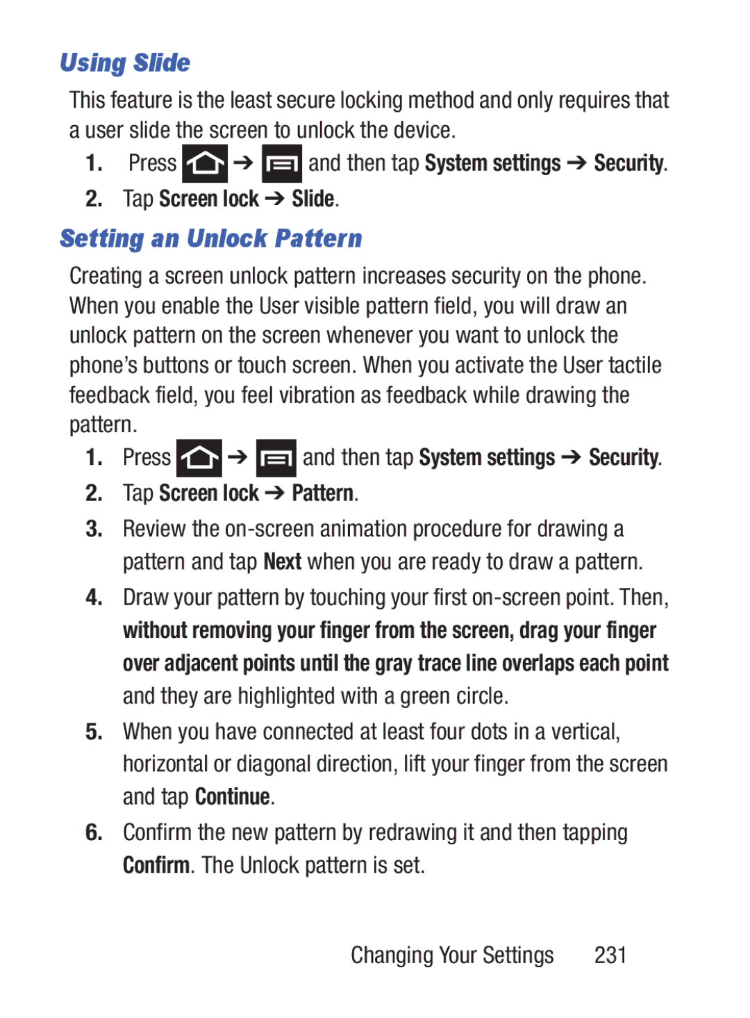 Samsung GH68_37222 user manual Using Slide, Setting an Unlock Pattern, Tap Screen lock Slide, Tap Screen lock Pattern, 231 