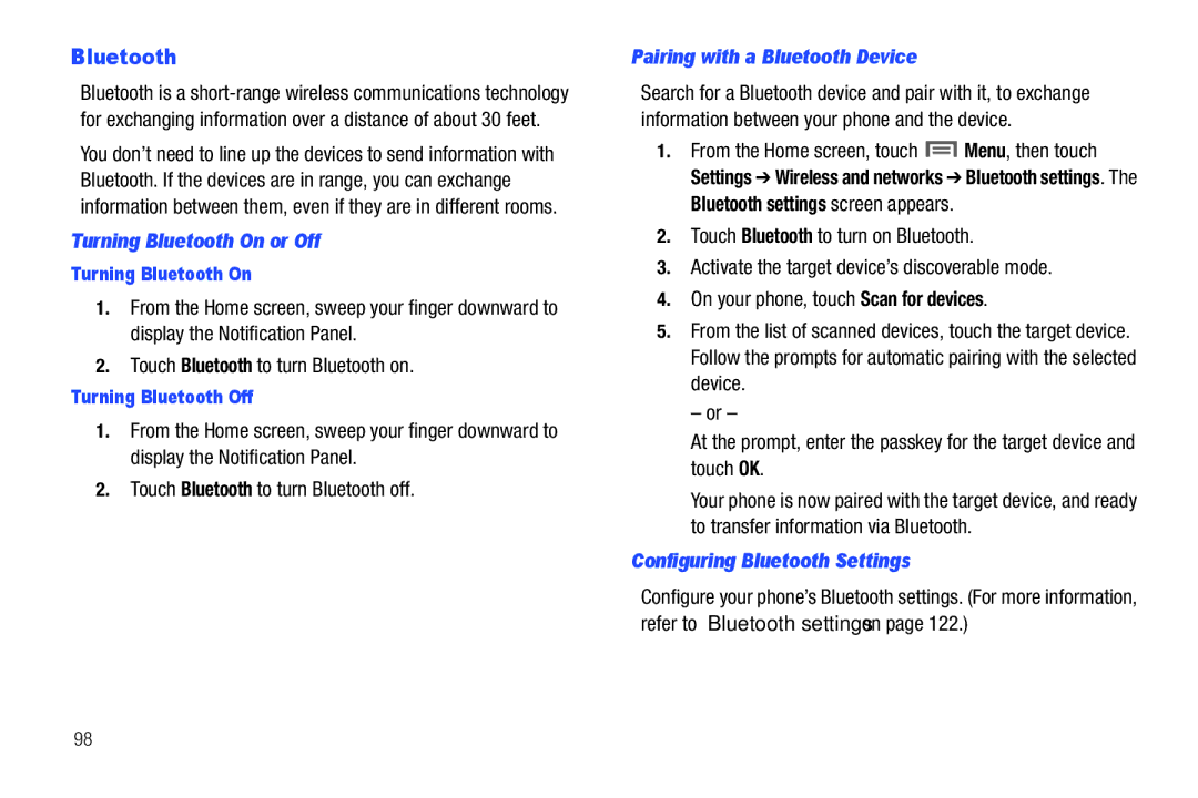 Samsung GH68_3XXXXA Turning Bluetooth On or Off, Pairing with a Bluetooth Device, Configuring Bluetooth Settings 