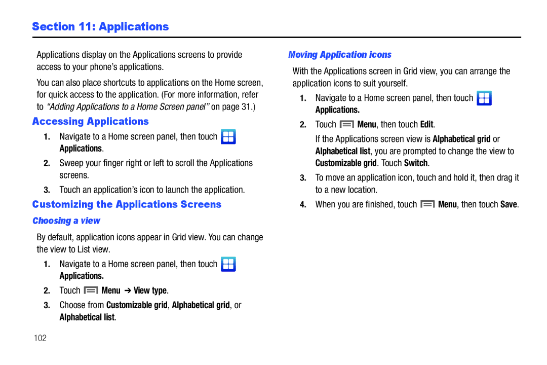 Samsung GH68_3XXXXA user manual Accessing Applications, Customizing the Applications Screens Choosing a view 