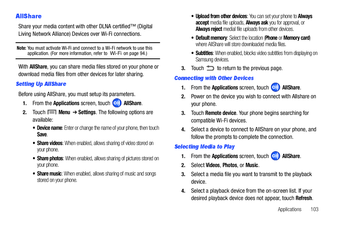 Samsung GH68_3XXXXA user manual Setting Up AllShare, Connecting with Other Devices, Selecting Media to Play 