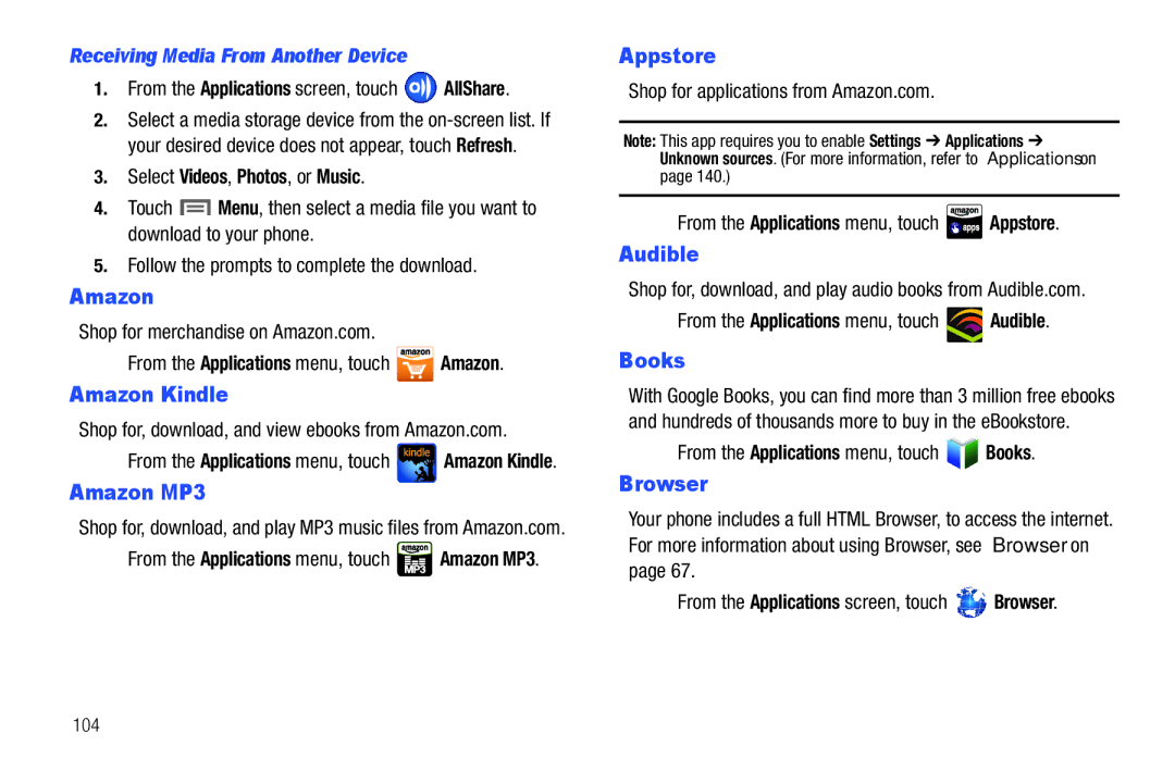 Samsung GH68_3XXXXA user manual Amazon Kindle, Amazon MP3, Appstore, Audible, Books 