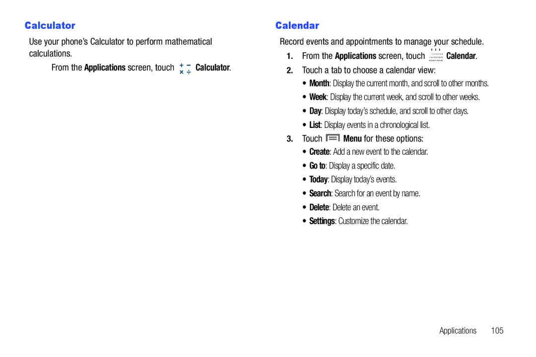 Samsung GH68_3XXXXA user manual Calendar, From the Applications screen, touch Calculator 