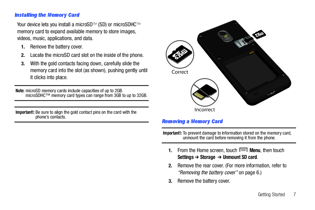 Samsung GH68_3XXXXA Installing the Memory Card, Remove the battery cover, Correct Incorrect, Removing a Memory Card 