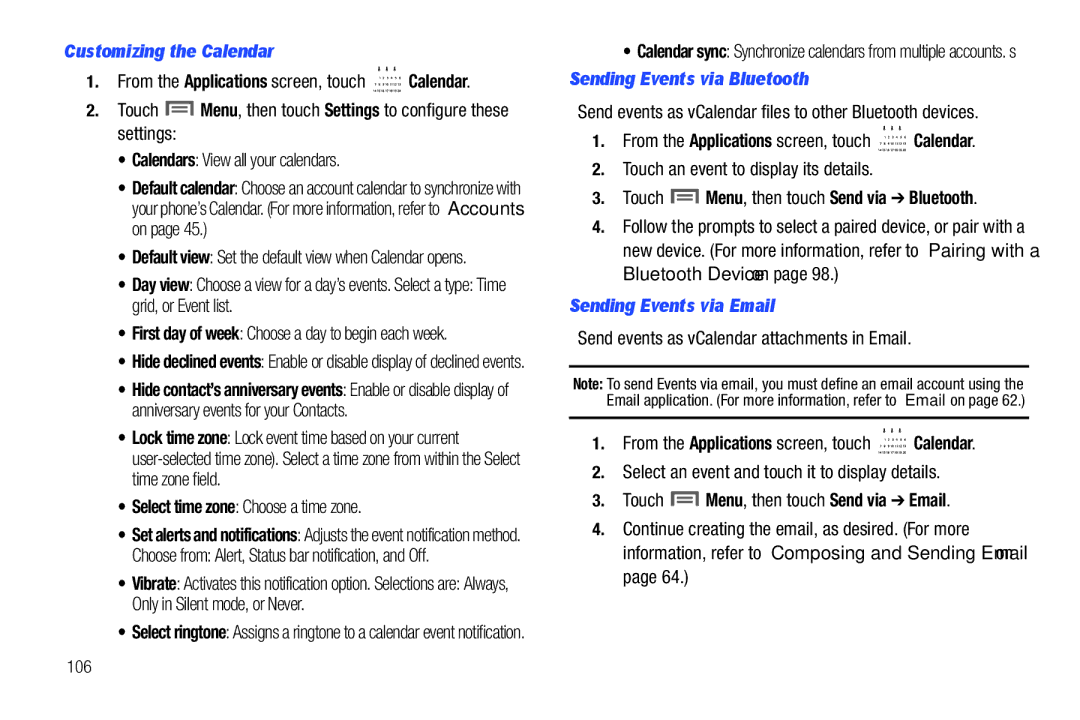 Samsung GH68_3XXXXA user manual Customizing the Calendar, Select time zone Choose a time zone, Sending Events via Bluetooth 