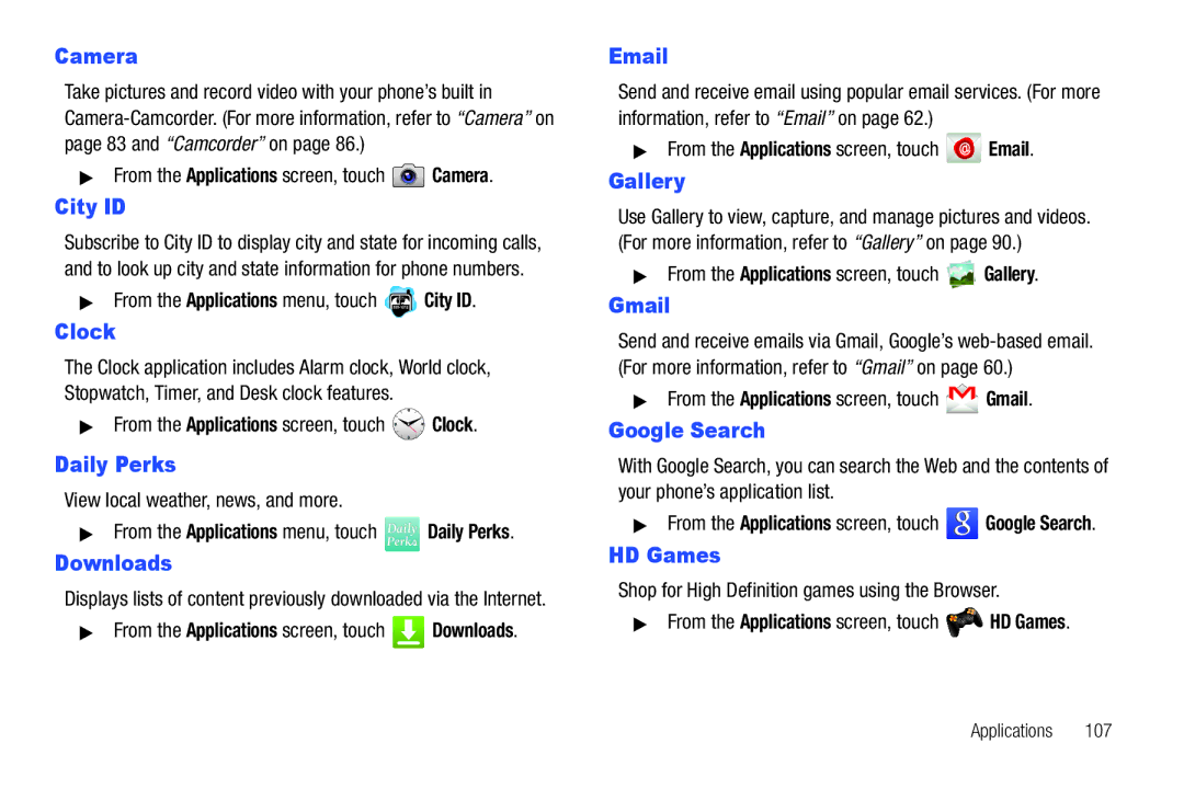 Samsung GH68_3XXXXA user manual City ID, Clock, Daily Perks, Downloads, Google Search, HD Games 