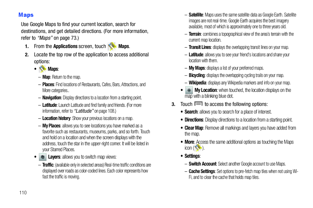 Samsung GH68_3XXXXA user manual Maps, Map Return to the map, Layers allows you to switch map views, 110 