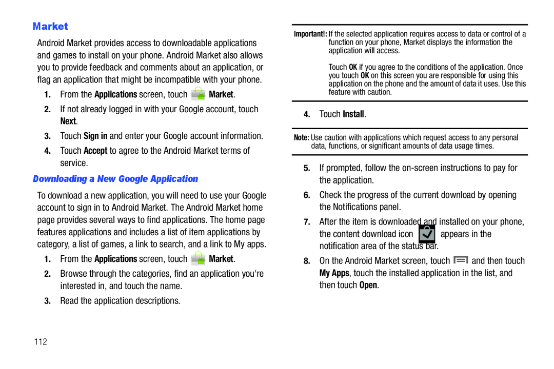 Samsung GH68_3XXXXA user manual Downloading a New Google Application, From the Applications screen, touch Market 