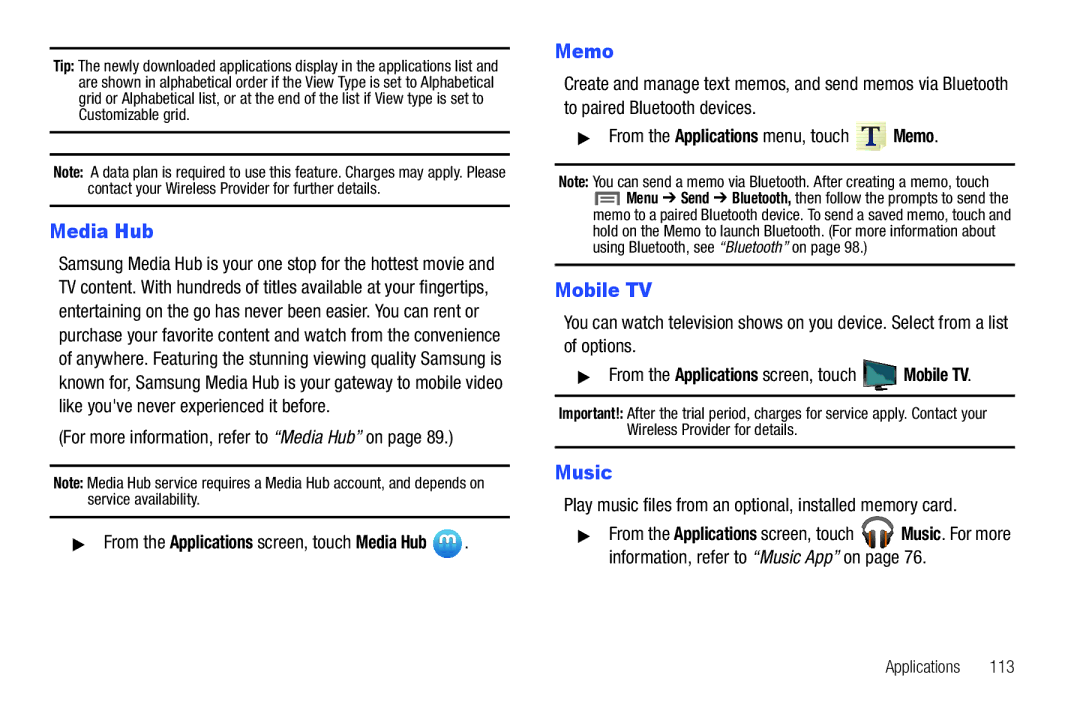 Samsung GH68_3XXXXA user manual Memo, Mobile TV, Music, For more information, refer to Media Hub on 