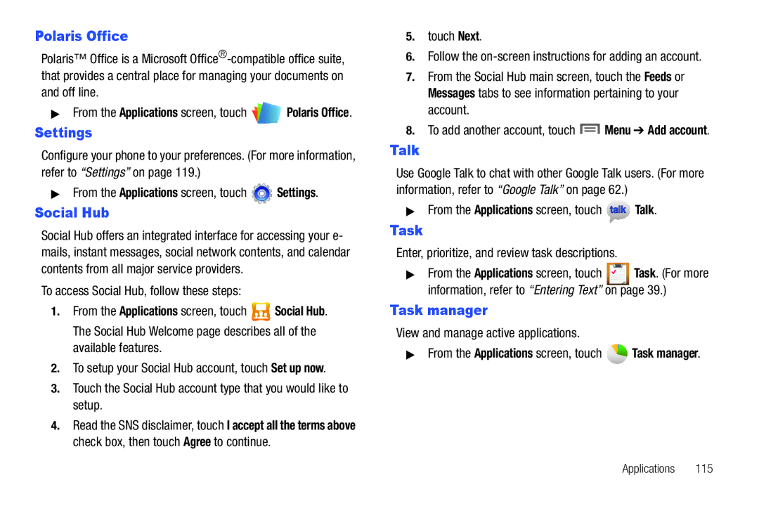 Samsung GH68_3XXXXA user manual Polaris Office, Settings, Social Hub, Talk, Task manager 