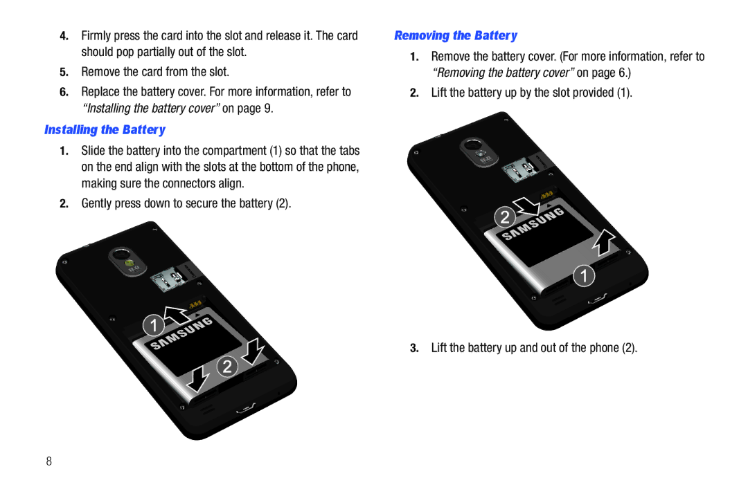 Samsung GH68_3XXXXA user manual Installing the Battery, Gently press down to secure the battery, Removing the Battery 