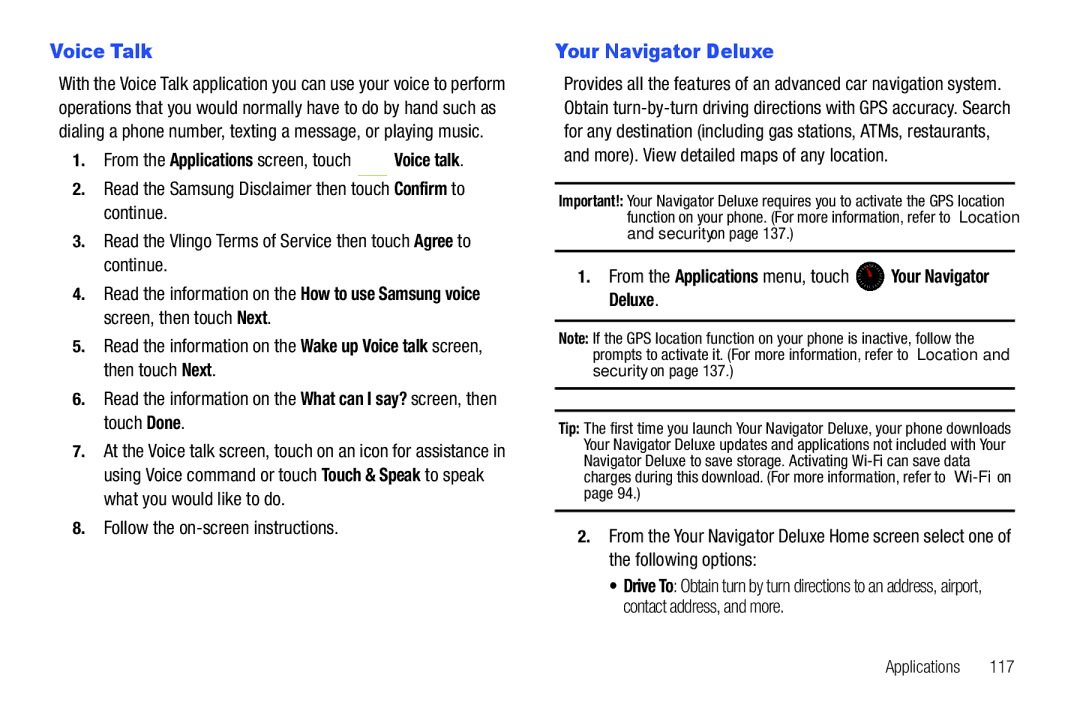 Samsung GH68_3XXXXA user manual Voice Talk, From the Applications menu, touch Your Navigator Deluxe 