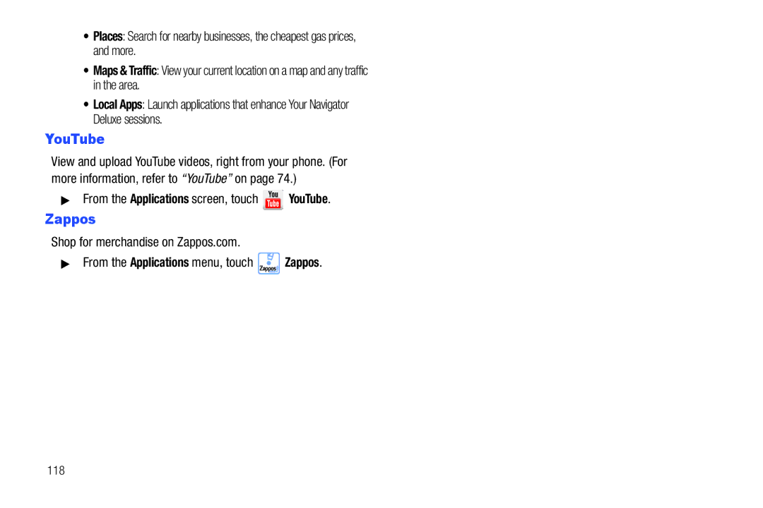 Samsung GH68_3XXXXA user manual Zappos, From the Applications screen, touch YouTube, 118 